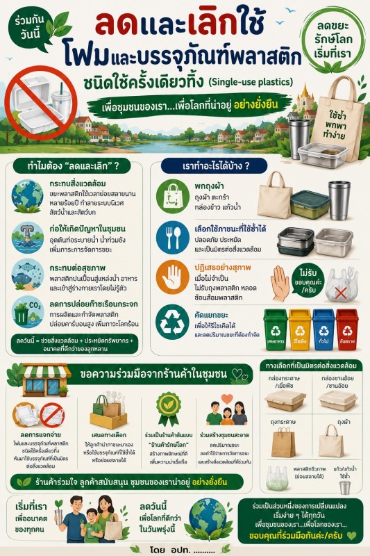 ประชาสัมพันธ์ รณรงค์การลดหรือเลิกใช้โฟมและบรรจุภัณฑ์พลาสติก ชนิดใช้ครั้งเดียวทิ้ง ( Single - use plastics ) เพื่อช่วยลดขยะ และให้สิ่งแวดล้อมไม่เป็นมลพิษ